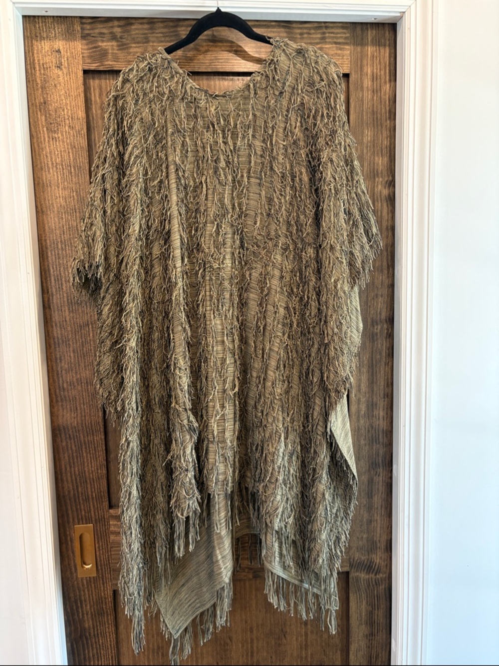 Fringed Textured Boho Kimono/Poncho - Olive Brown